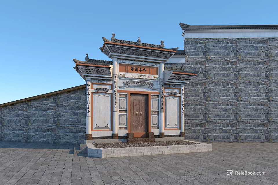 Traditional Chinese Archway With Stone Wall Slate Paved Ground And Ornate Carvings 3d model 