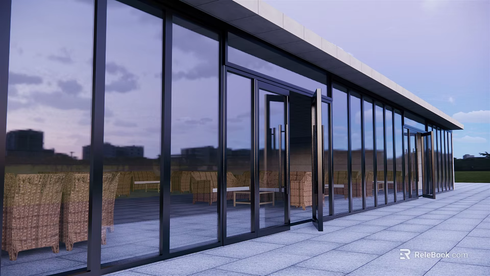 Modern Building Exterior With Glass Doors Windows And Outdoor Terrace Wicker Chairs Gray Tile Floor 3d model 