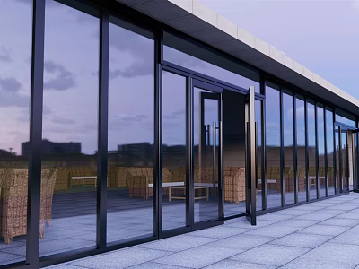 Modern Building Exterior With Glass Doors Windows And Outdoor Terrace Wicker Chairs Gray Tile Floor 3d model