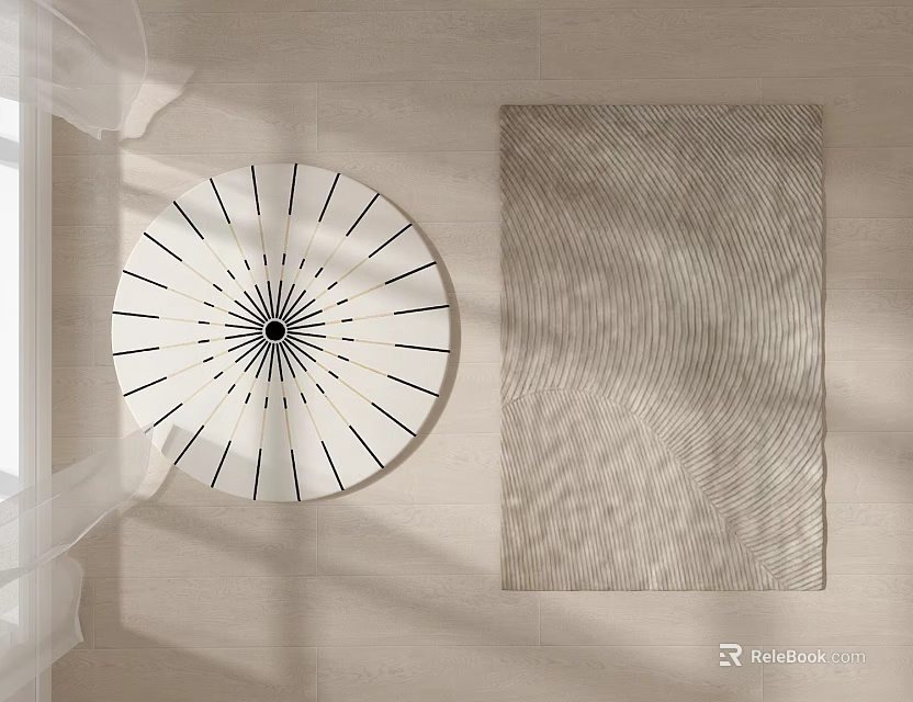 Square Rug With Wave Pattern On Light Wooden Floor Near Circular Radial Decorative Piece 3d model 