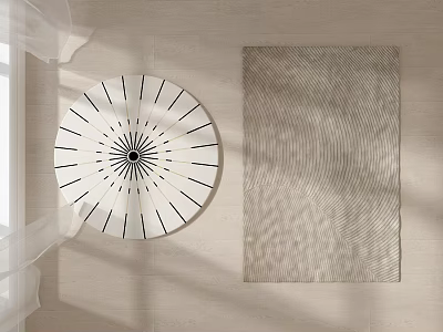 Square Rug With Wave Pattern On Light Wooden Floor Near Circular Radial Decorative Piece 3d model