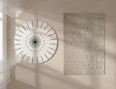 Square Rug With Wave Pattern On Light Wooden Floor Near Circular Radial Decorative Piece 3d model