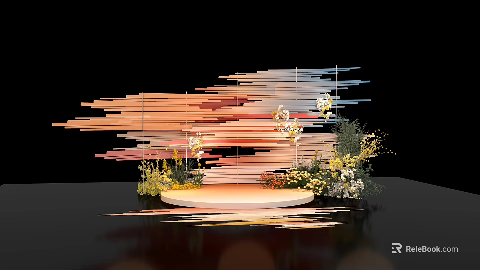 Modern Window Display with Colorful Striped Panels Floral Decor and Circular Platform 3d model 