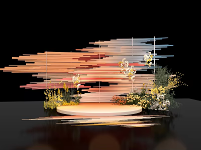 Modern Window Display with Colorful Striped Panels Floral Decor and Circular Platform 3d model