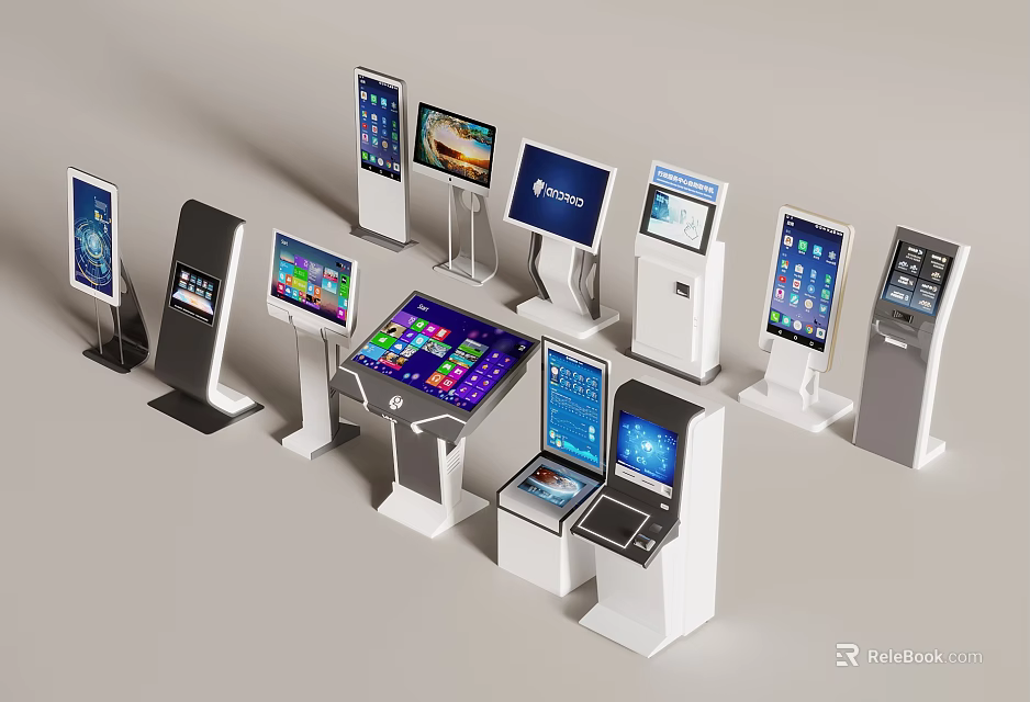Public Facilities Featuring Modern Self Service Interactive Kiosks With Digital Screens And Various Designs 3d model 