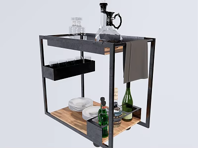 Stylish Bar Cart With Metal Frame Wooden Shelves Wine Bottles And Glassware 3d model