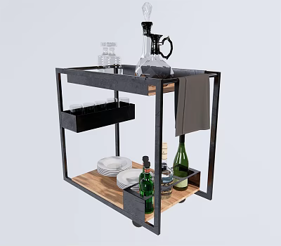 Stylish Bar Cart With Metal Frame Wooden Shelves Wine Bottles And Glassware 3d model