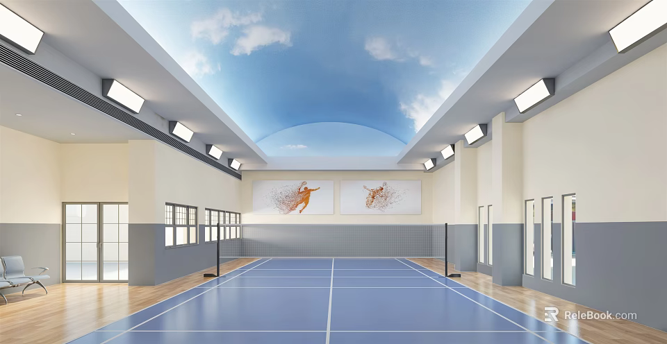 Indoor Badminton Court With Blue Floor White Lines Cloud Ceiling And Sports Paintings 3d model 