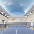 Indoor Badminton Court With Blue Floor White Lines Cloud Ceiling And Sports Paintings