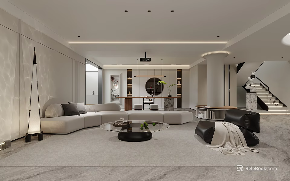 Modern Basement Interior Design With Sofa Coffee Table Projector And Staircase 3d model 