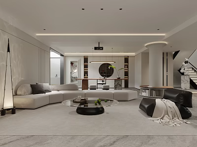 Modern Basement Interior Design With Sofa Coffee Table Projector And Staircase 3d model