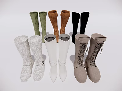 Various Styles Of Fashionable Boots In Different Colors Featuring Knee High And Lace Up Designs 3d model