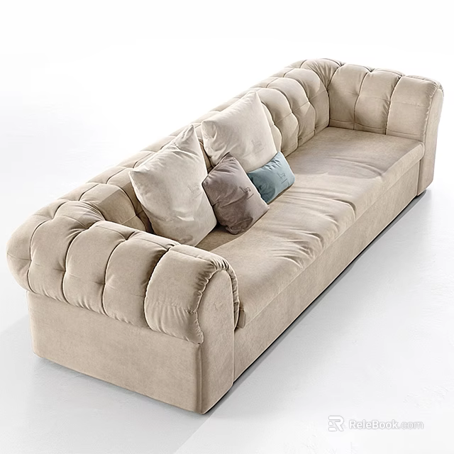 Beige Two Seater Sofa with Padded Details and Multiple Decorative Pillows 3d model 