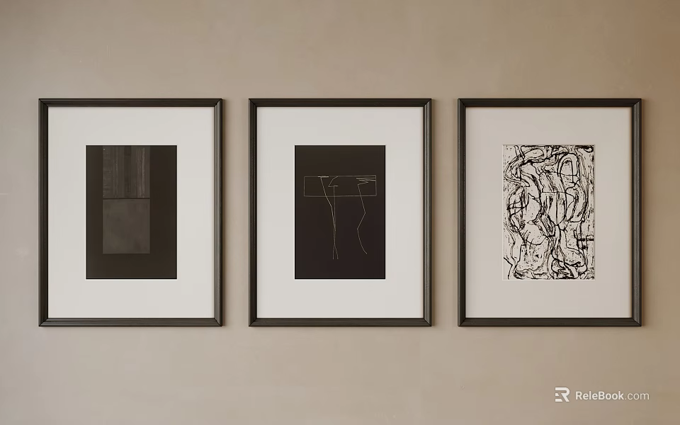 Three Black and White Abstract Framed Artworks Hanging on Beige Wall 3d model 