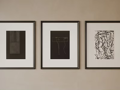 Three Black and White Abstract Framed Artworks Hanging on Beige Wall 3d model