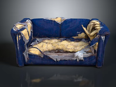Old Blue Sofa With Torn Fabric Exposing Yellow Stuffing And Worn Edges 3d model