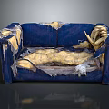 Old Blue Sofa With Torn Fabric Exposing Yellow Stuffing And Worn Edges