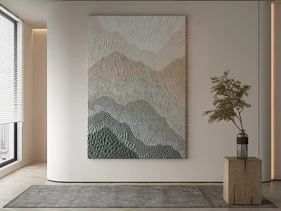 Modern Interior Space With Textured Landscape Art Wooden Stool And Rug 3d model