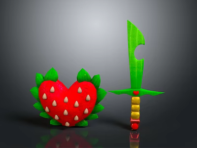 Green Sword with Yellow Red Beads Hilt and Red Strawberry Shaped Object with Green Leaves 3d model