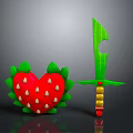 Green Sword with Yellow Red Beads Hilt and Red Strawberry Shaped Object with Green Leaves