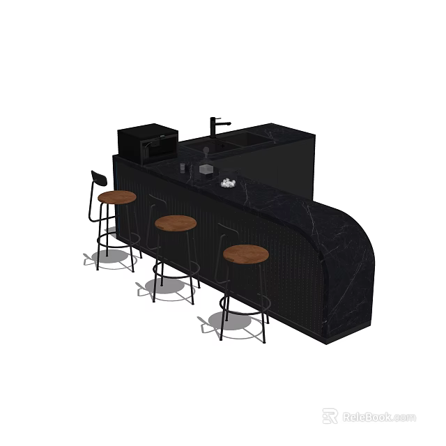 Modern Black Bar Counter With Wooden Stools Sink And Faucet Design 3d model 
