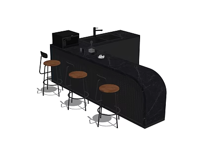 Modern Black Bar Counter With Wooden Stools Sink And Faucet Design 3d model