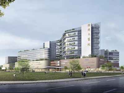 Modern Multi Storey Hospital Building Exterior With Greenery Lawn And Trees 3d model