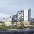 Modern Multi Storey Hospital Building Exterior With Greenery Lawn And Trees