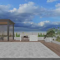 Sunny Outdoor Patio With Wooden Deck Marble Countertop Green Plants And Coastal View