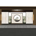 Modern Chinese Entrance Gate Design With Circular Decorative Panel Steps And Green Plants