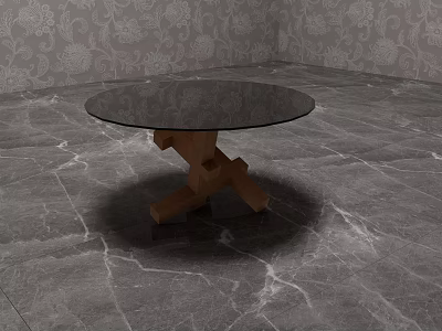 Black Round Top Side Table With Wooden Cross Base On Gray Marble Floor 3d model