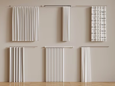 White Curtains In Various Styles With Rods For Interior Window Design 3d model
