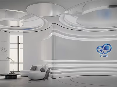 Modern Front Desk Reception Area With Curved Wall Design Logo Sofa And Ceiling Lights 3d model