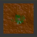 Futuristic Mechanical Device With Green Trees On Orange Terrain Emitting Blue Beams White Particles