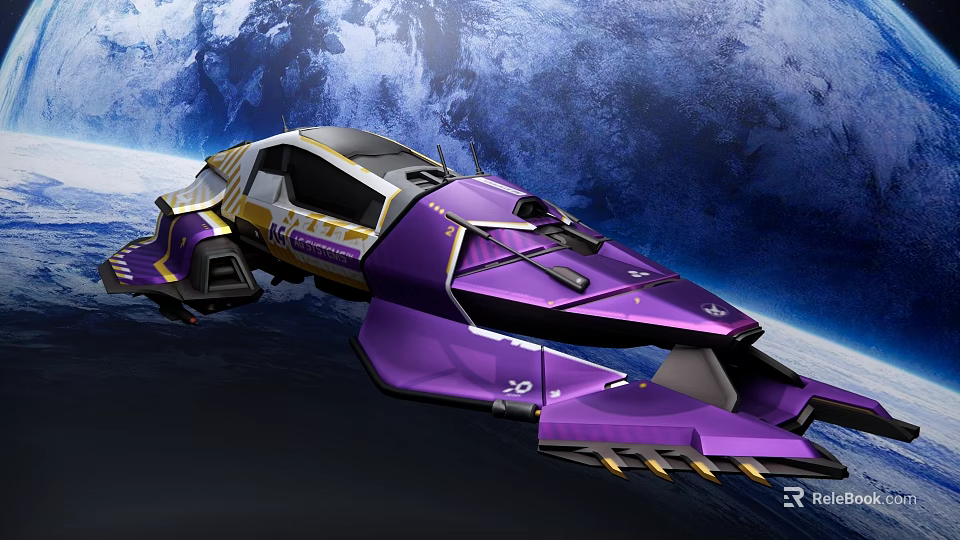 Futuristic Purple Spaceship Flying In Space With Blue Planet Background 3d model 