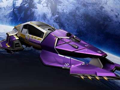 Futuristic Purple Spaceship Flying In Space With Blue Planet Background 3d model