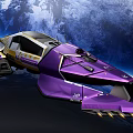 Futuristic Purple Spaceship Flying In Space With Blue Planet Background