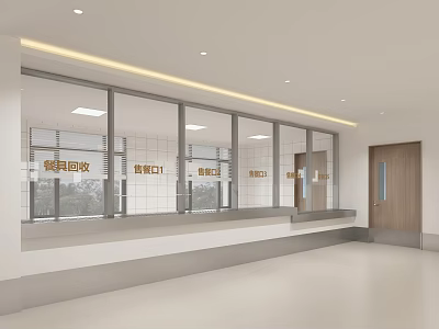 Clean Modern Cafeteria Featuring Meal Serving Windows Plate Recycling Utensil Collection And Glass Walls 3d model
