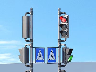 Street Traffic Light System With Crosswalk Signs And Signal Posts 3d model