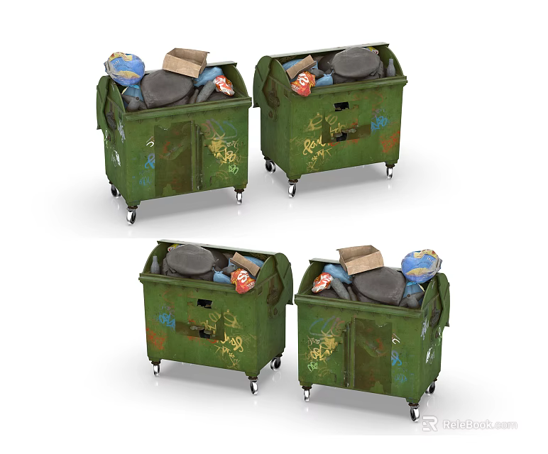 Public Facilities Green Trash Bins With Wheels Graffiti Design And Lids 3d model 