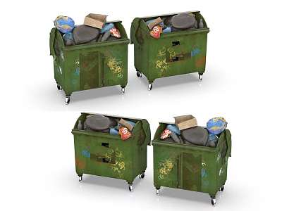 Public Facilities Green Trash Bins With Wheels Graffiti Design And Lids 3d model