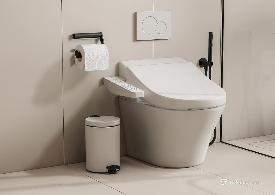 Modern White Smart Toilet with Toilet Paper Holder Trash Can and Wall Mounted Control Panel 3d model 