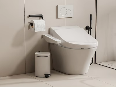 Modern White Smart Toilet with Toilet Paper Holder Trash Can and Wall Mounted Control Panel 3d model