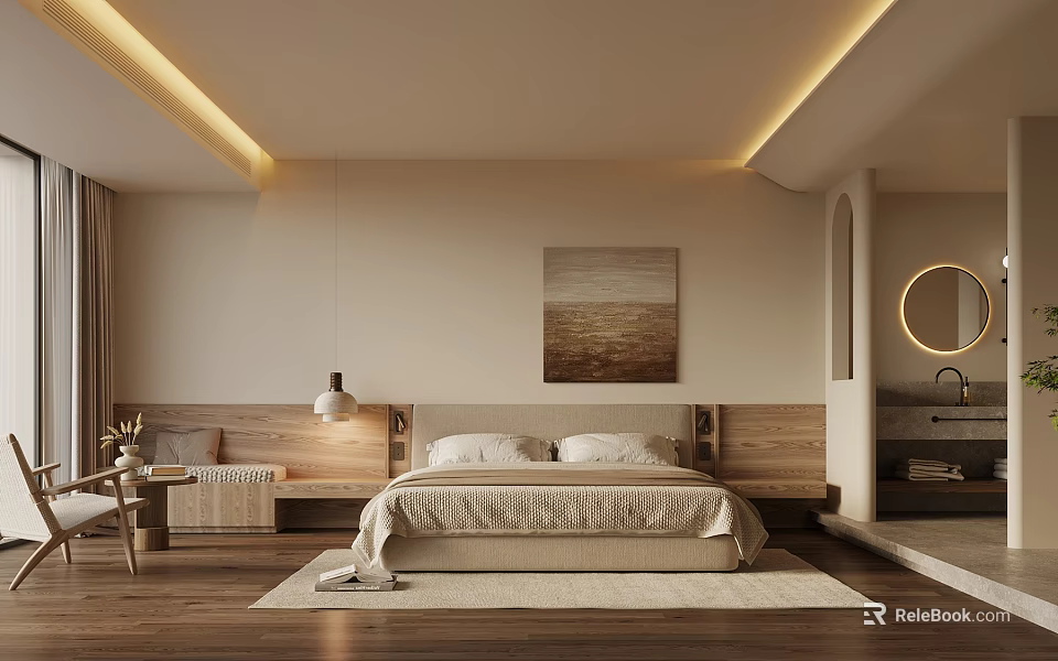 Modern Luxury Hotel Guest Room With Beige Bed Wooden Headboard And Decorative Artwork 3d model 