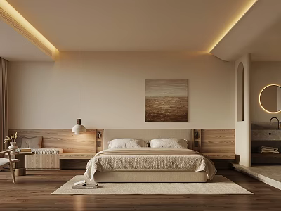 Modern Luxury Hotel Guest Room With Beige Bed Wooden Headboard And Decorative Artwork 3d model