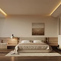 Modern Luxury Hotel Guest Room With Beige Bed Wooden Headboard And Decorative Artwork