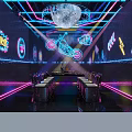 Neon Themed Dining Interior With Colorful Neon Lights Moon Decoration Motorcycle Graphic Table And Chairs