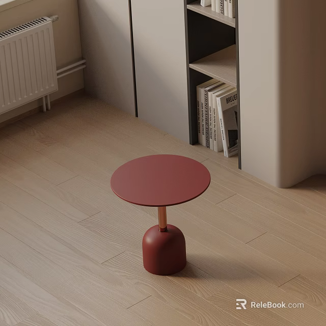 Red Round Top Side Table With Bell Shaped Base On Wooden Floor Near Bookshelf 3d model 