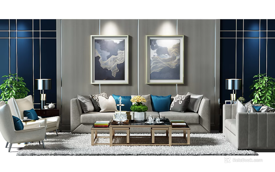 Modern Elegant Sofa and Coffee Table Set With Throw Pillows Wall Art and Decorative Items 3d model
