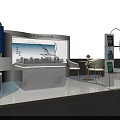Modern Exhibition Booth Interior With White Counter Display Shelves Brand Signage And Plants